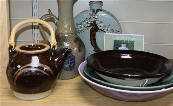 A Jane Bridger stoneware ewer, a Bridget Duxbury Rabbits bowl and and four other items of studio pottery